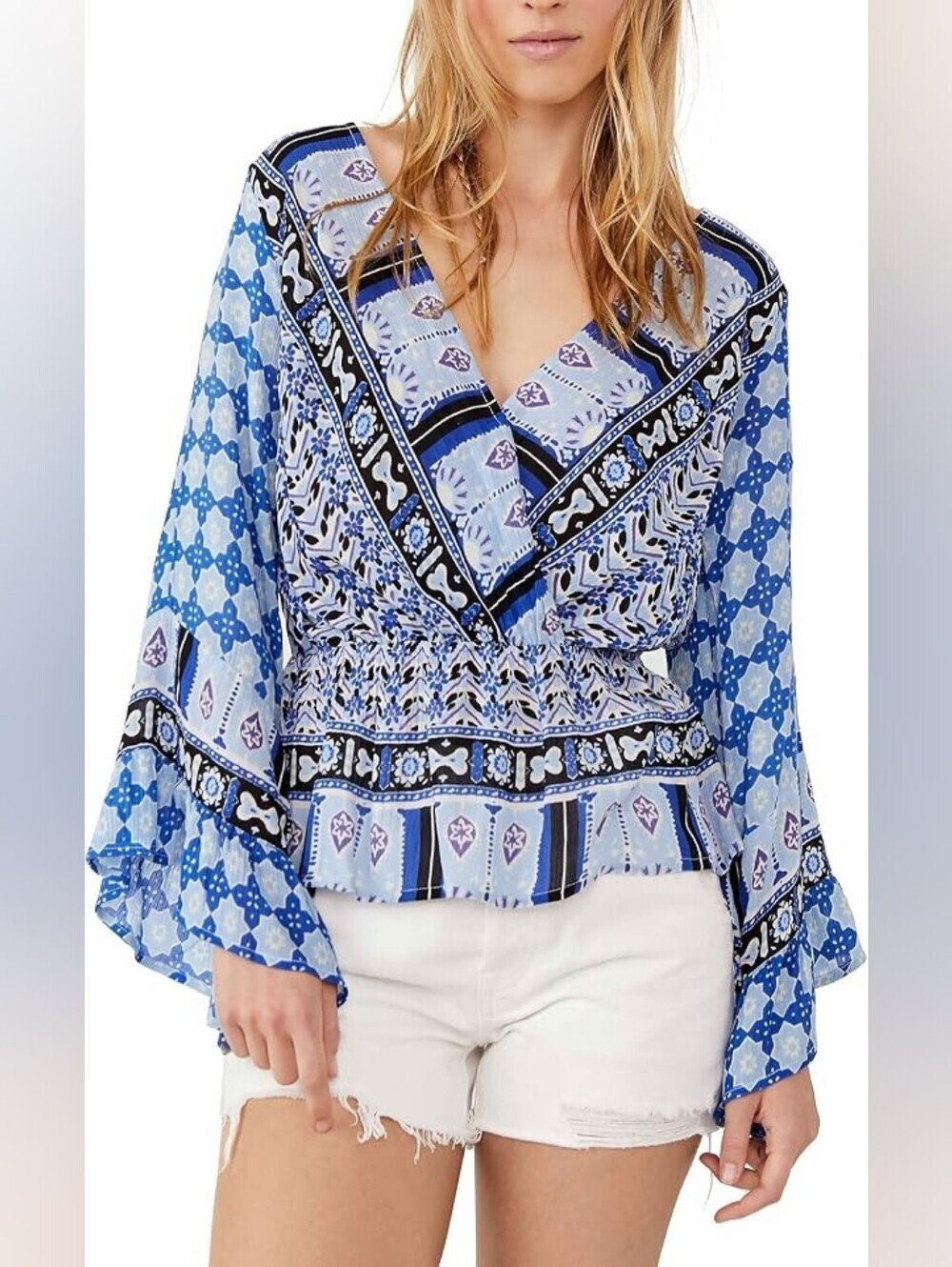 FREE PEOPLE Rosalie Indigo Women Top Size XS Boho Long Flare Sleeve 100% Viscose